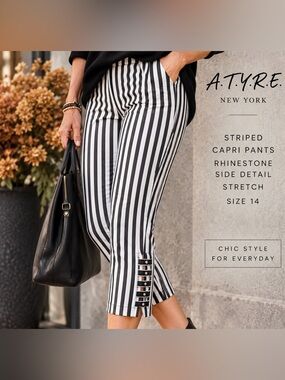 Black & White Striped Capri Pants | Rhinestone Side Detail | Stretch | Size 14